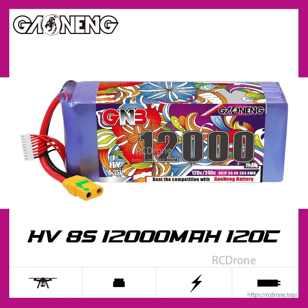 GAONENG GNB HV 8S 12000mAh 120C LiPo battery product graphic on white background with model text