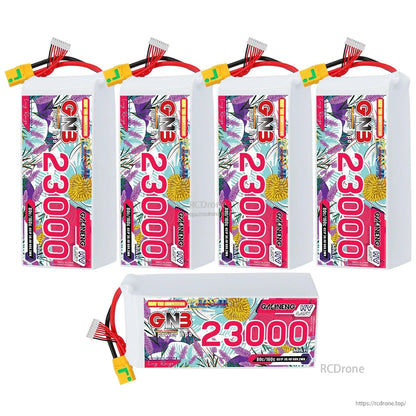 Bundle display: four upright and one horizontal GNB 23000mAh HV LiPo batteries with XT90S leads