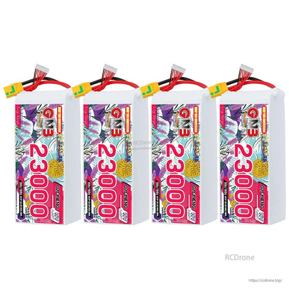 Four-pack display of GNB 23000mAh HV LiPo batteries with XT90S connectors and balance leads