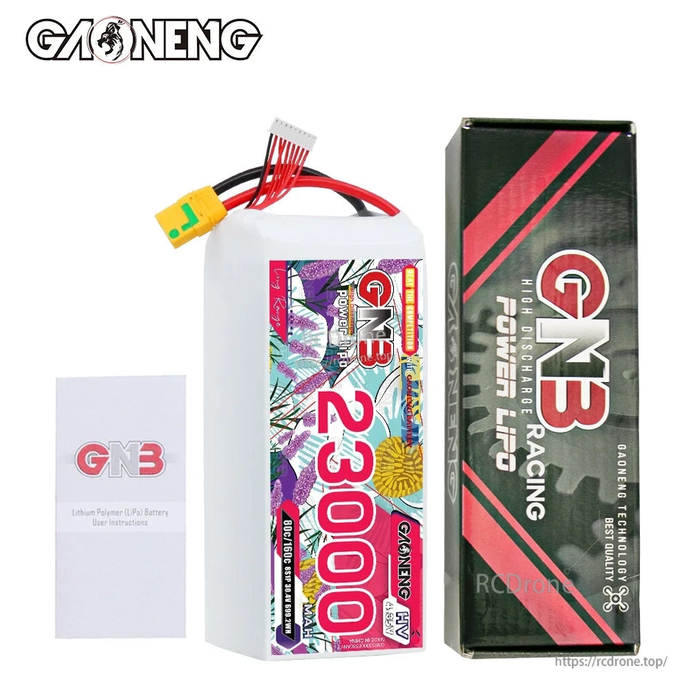 Package contents: GNB 23000mAh battery, GNB Power Lipo retail box, and user instructions