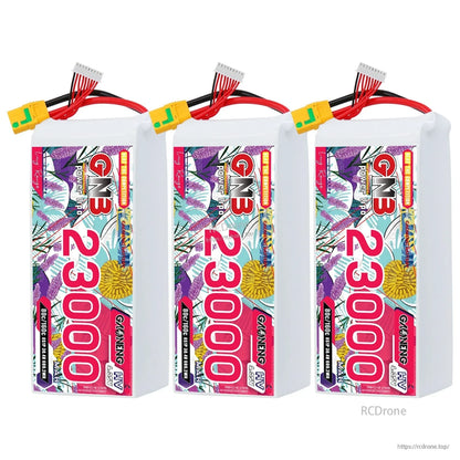 Three-pack display of GNB 23000mAh HV LiPo batteries with XT90S connectors and balance leads