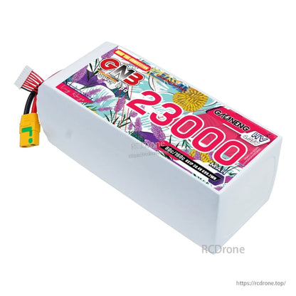 Angled top view of GNB 23000mAh HV LiPo battery showing label and XT90S connector