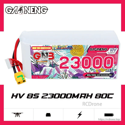 GAONENG GNB HV 8S 23000mAh 80C LiPo battery side view with product title graphic