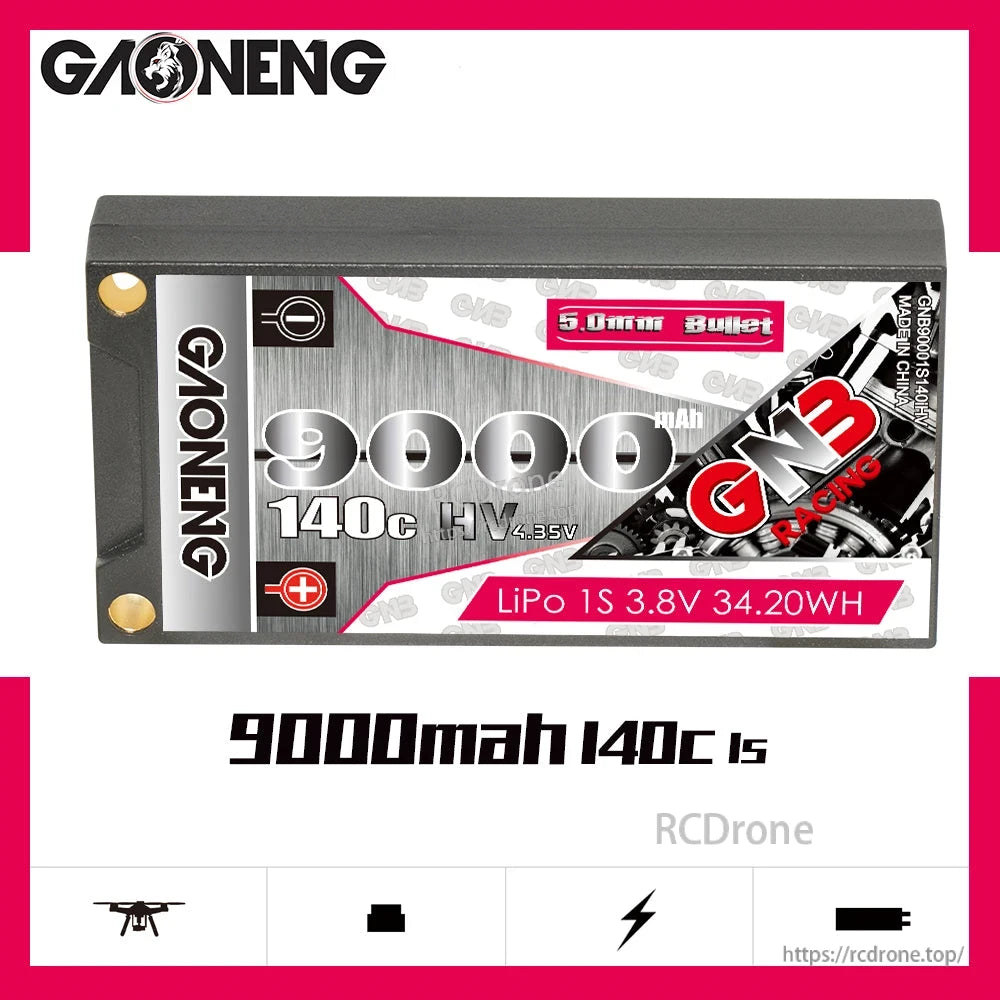 GAONENG GNB 9000mAh 140C 1S LiHV hard case LiPo battery product graphic, label details