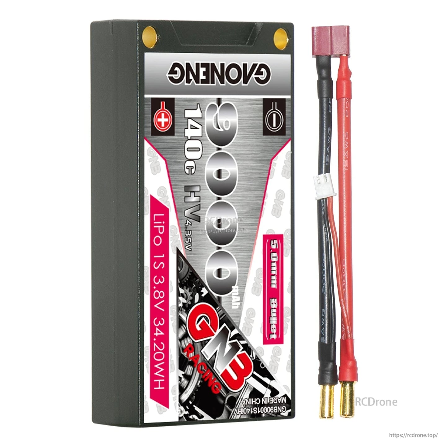 Single hard case battery with red T-plug style connector lead and 5mm bullet outputs