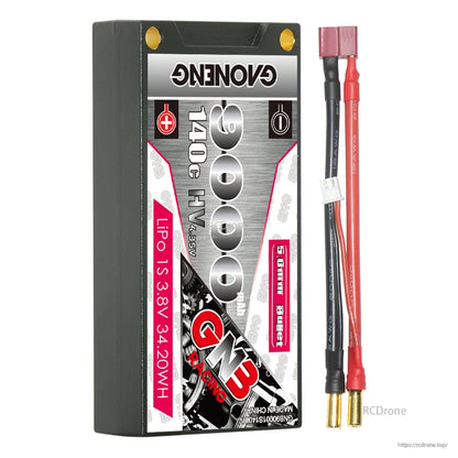 Single hard case battery with red T-plug style connector lead and 5mm bullet outputs
