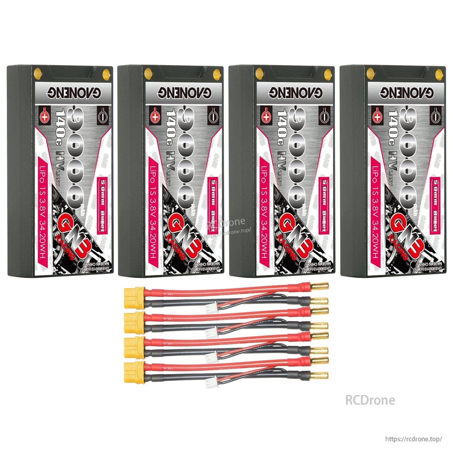 4-pack bundle: four hard case batteries with four yellow plug to 5mm bullet adapter leads