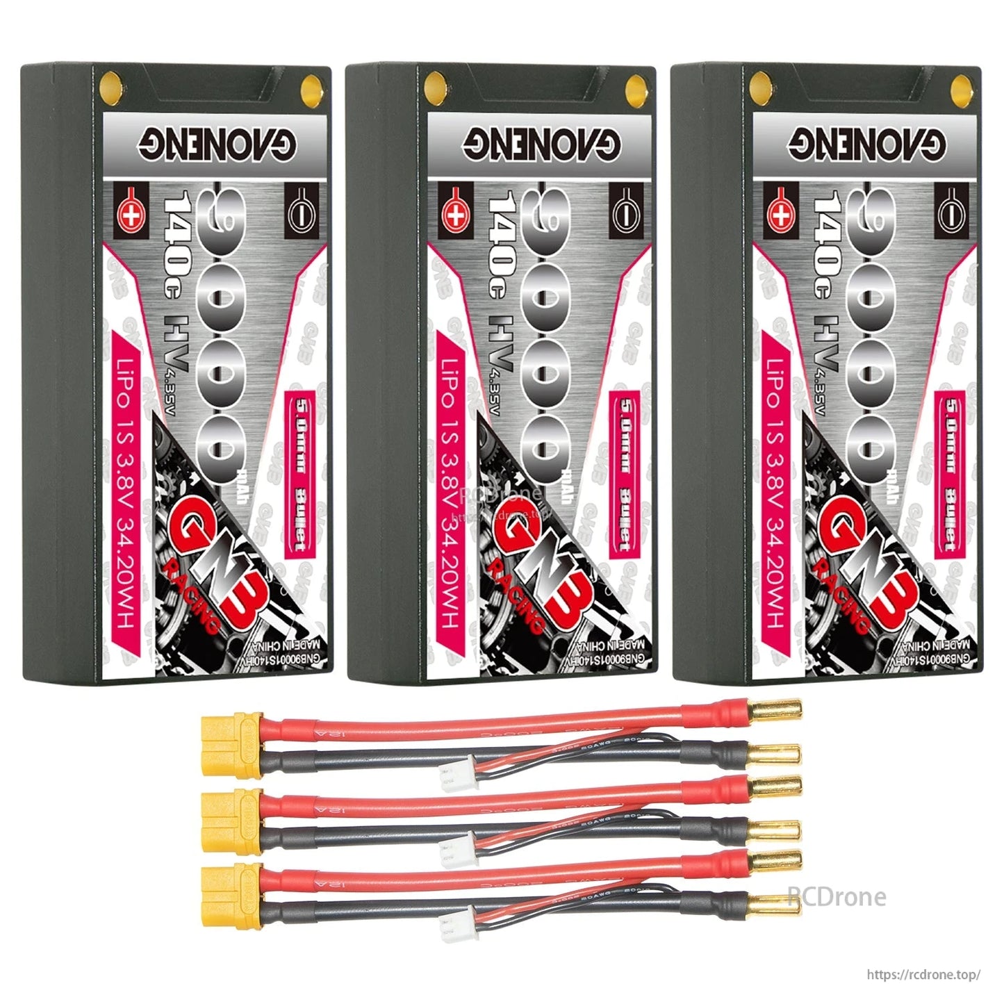 3-pack bundle: three hard case batteries with three yellow plug to 5mm bullet adapter leads