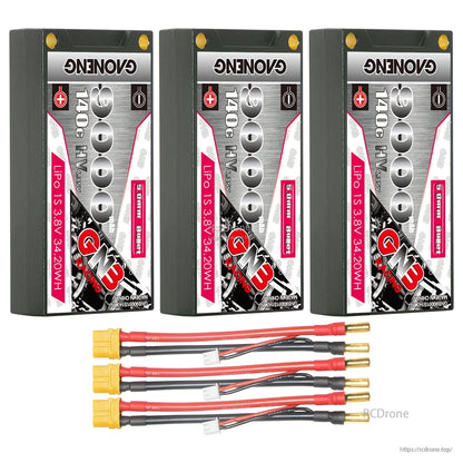 3-pack bundle: three hard case batteries with three yellow plug to 5mm bullet adapter leads