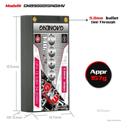 Battery dimensions and weight chart for GNB9000 1S LiHV pack, 5.0mm bullet noted