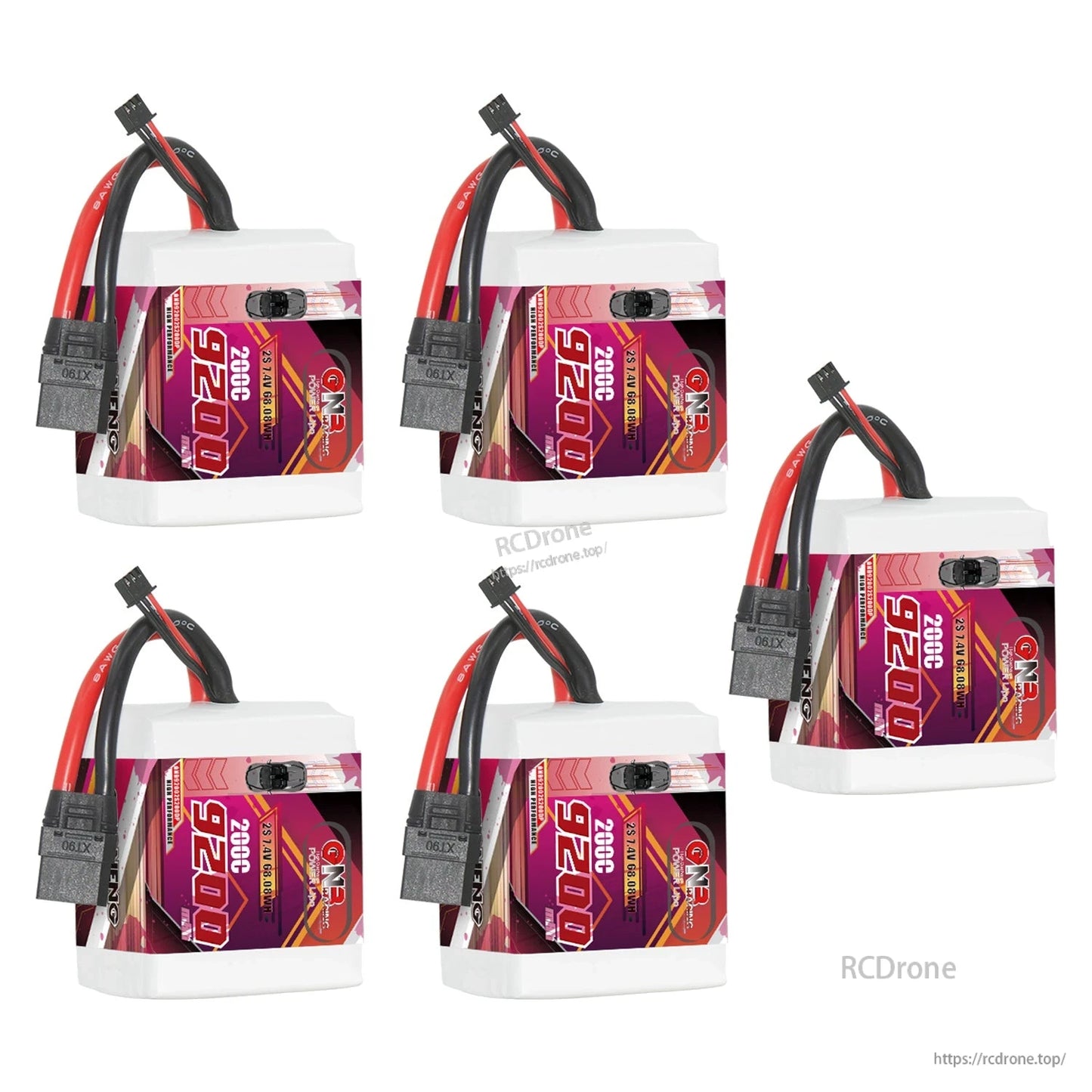 Five GNB 9200mAh 2S LiPo batteries displayed together with XT90 plugs and balance leads