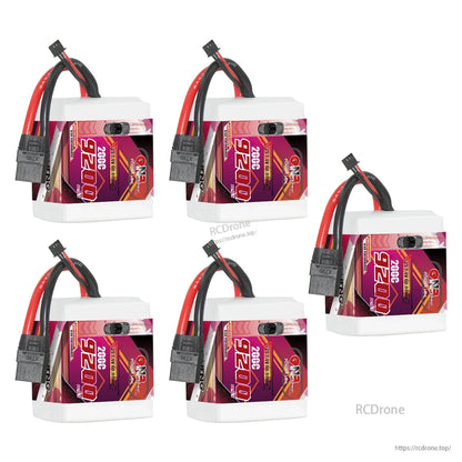 Five GNB 9200mAh 2S LiPo batteries displayed together with XT90 plugs and balance leads