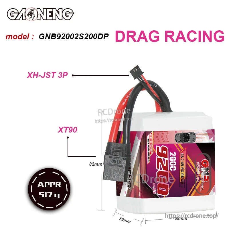 GNB92002S200DP size diagram showing XT90 and XH-JST 3P leads, 82×69×52 mm and approx 517 g