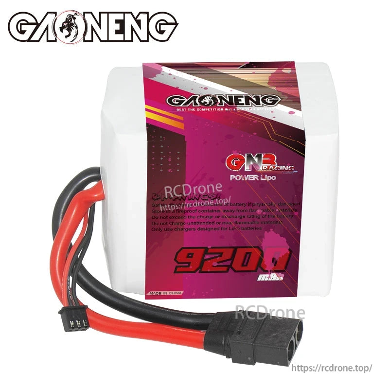 Rear label view of GNB 9200mAh LiPo battery showing warning text and lead wires
