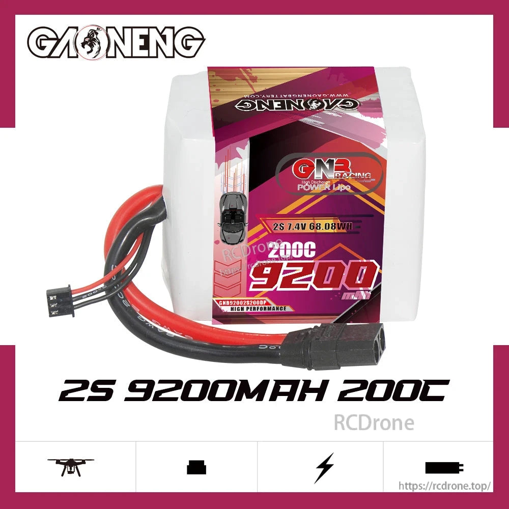 GAONENG GNB 9200mAh 2S 7.4V 200C LiPo Battery hero image with "2S 9200mAh 200C" text