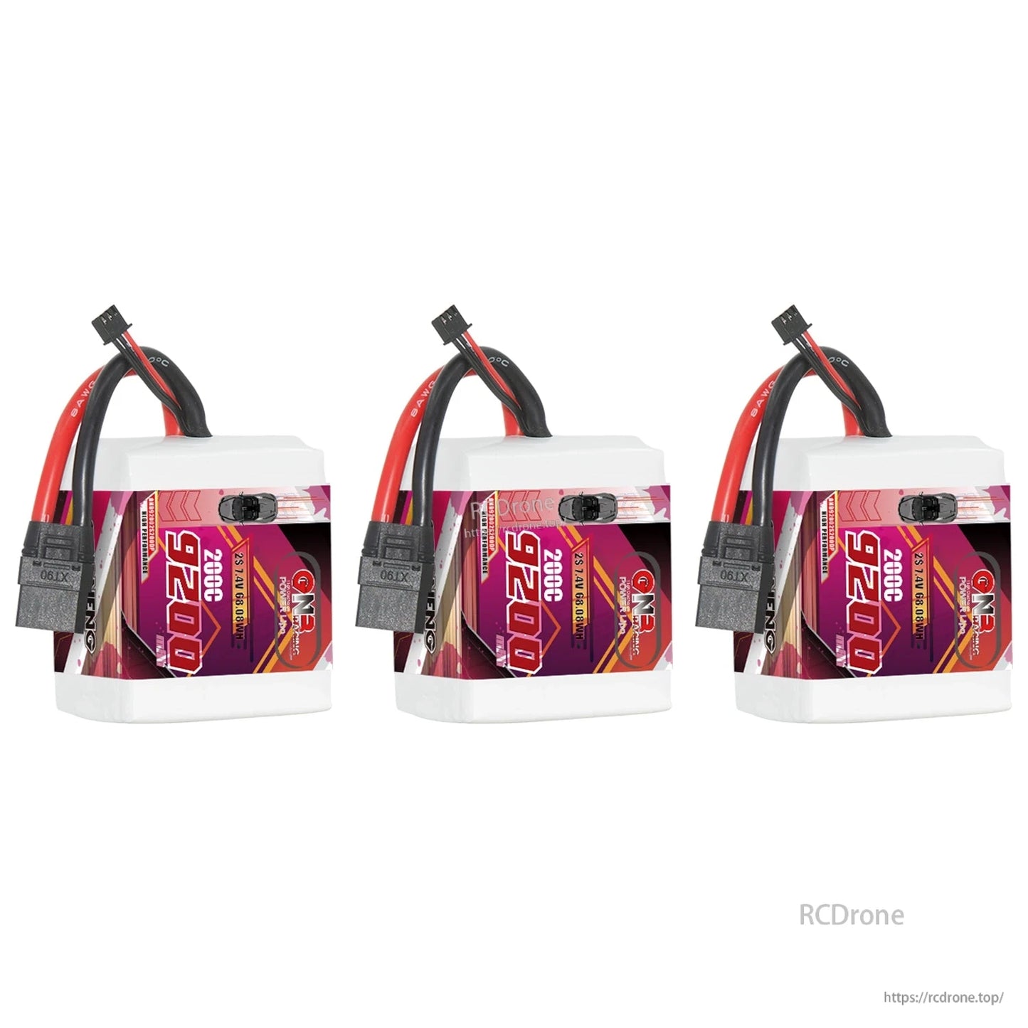 Three GNB 9200mAh 2S LiPo batteries displayed, each with XT90 connector and balance lead