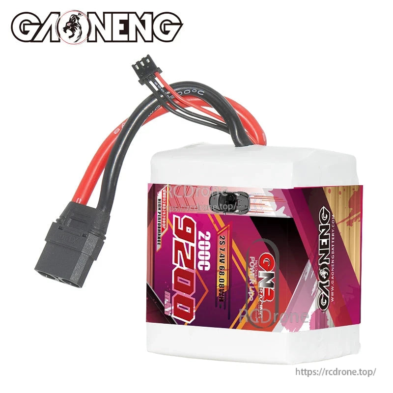 Side view of 2S 9200mAh LiPo pack showing XT90 discharge plug and XH-JST balance connector