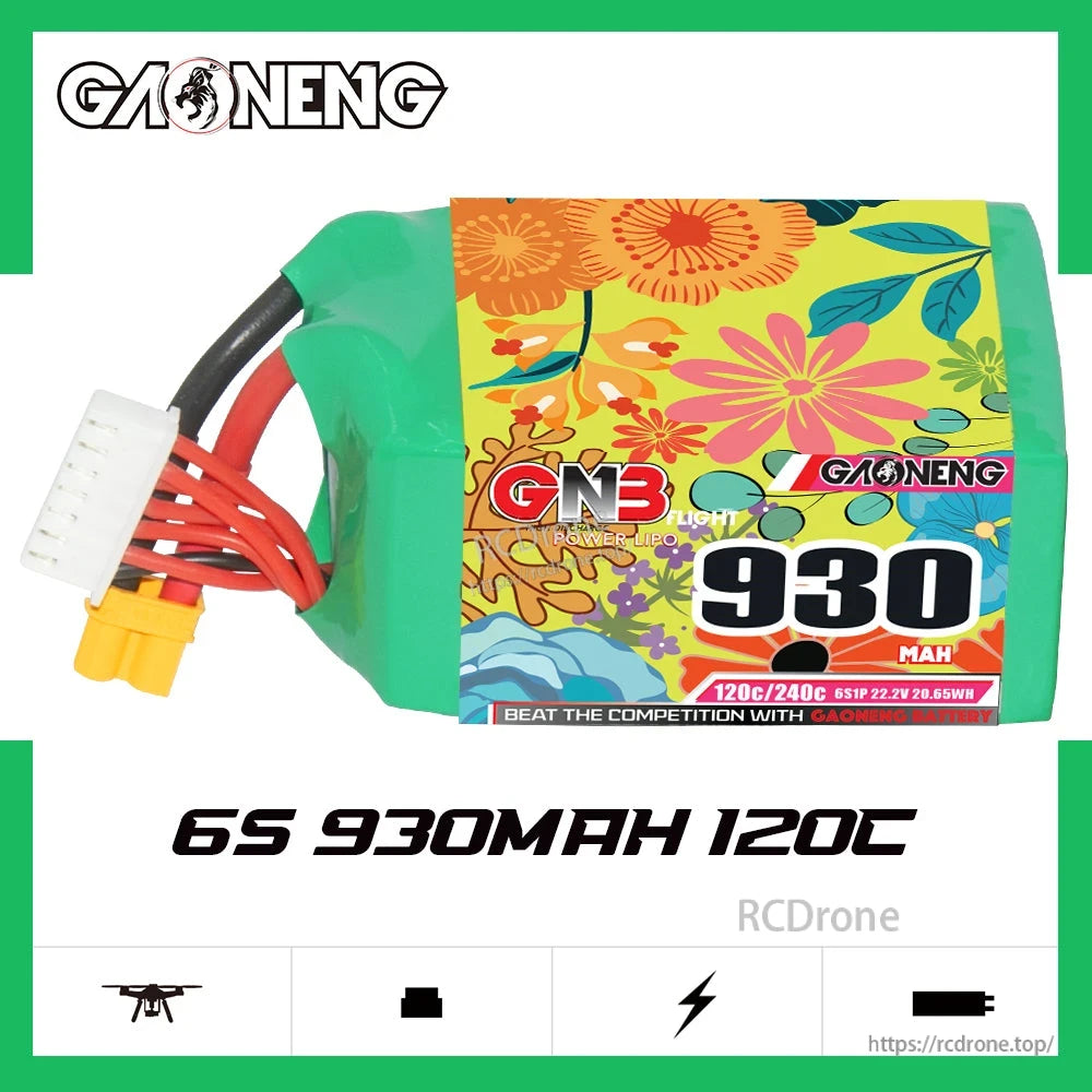 GAONENG GNB 930mAh 6S 22.2V 120C LiPo Battery promo graphic with side view and '6S 930mAh 120C' text