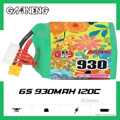 GAONENG GNB 930mAh 6S 22.2V 120C LiPo Battery promo graphic with side view and '6S 930mAh 120C' text