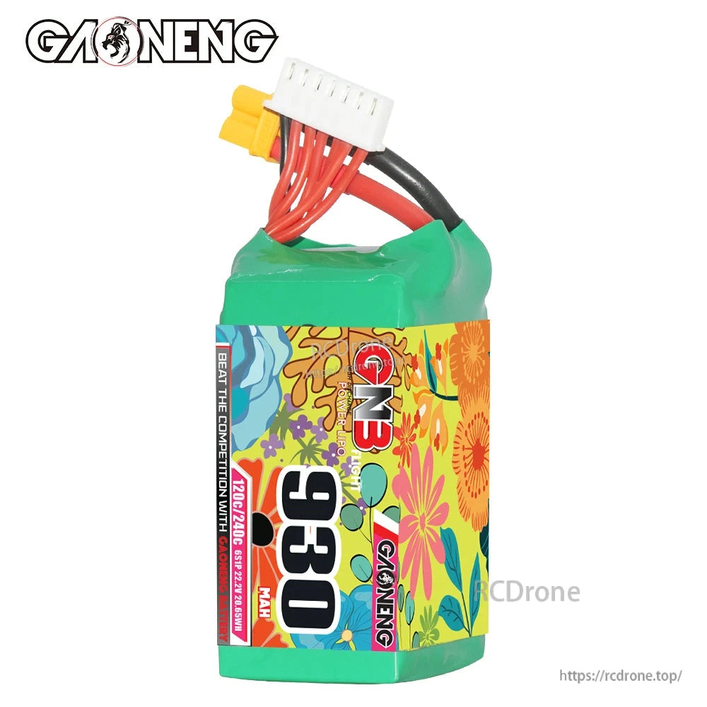 Front label view of GNB 930mAh pack showing 120C/240C rating text and attached balance lead
