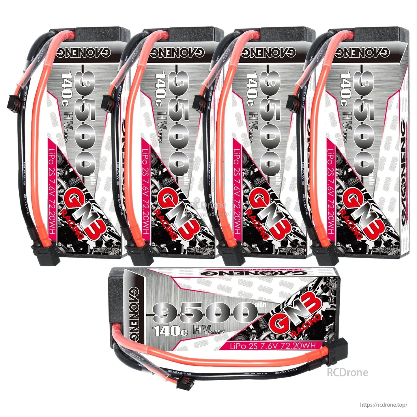 Combined view of five GNB 9500mAh 2S LiHV batteries with XT60 connectors