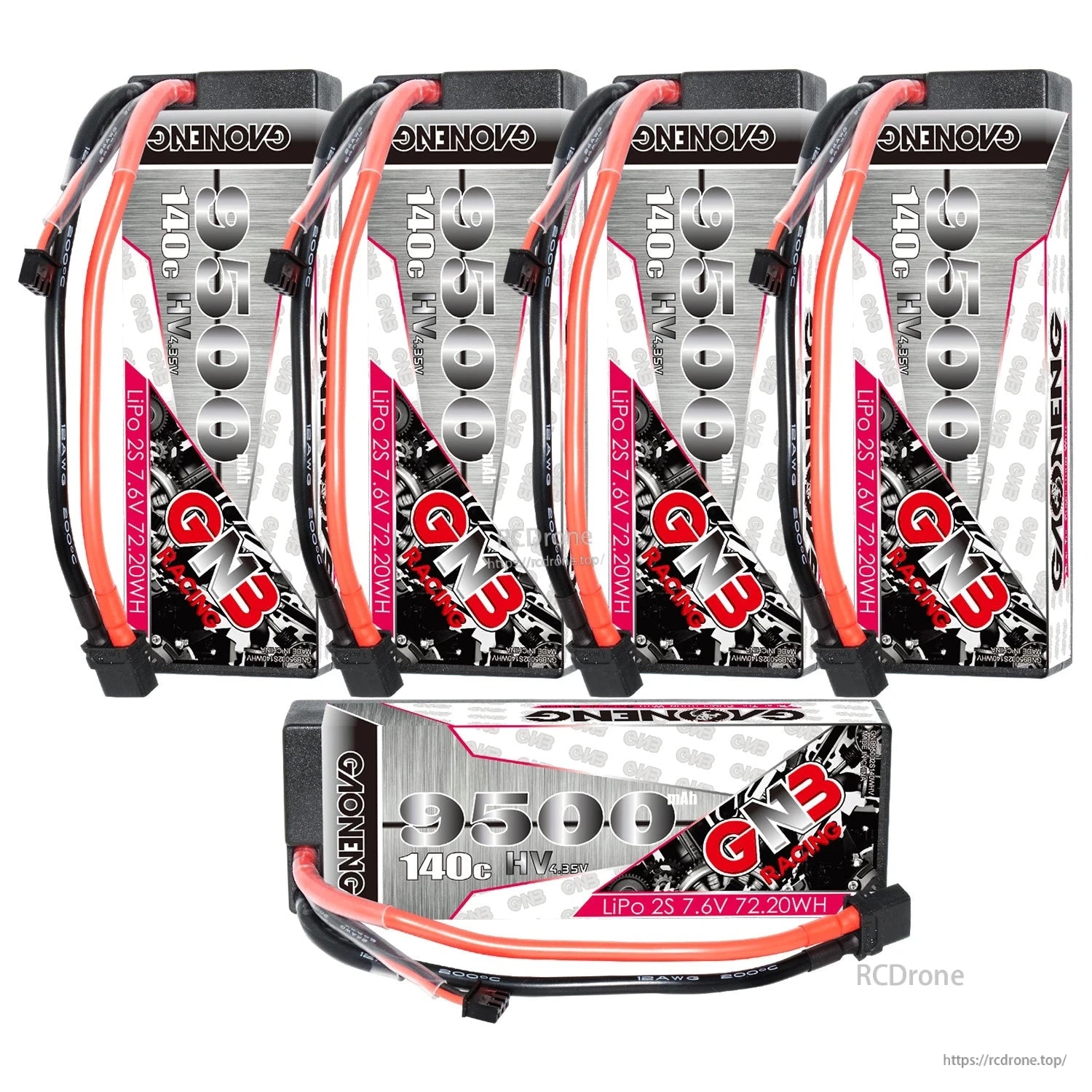 Combined view of five GNB 9500mAh 2S LiHV batteries with XT60 connectors