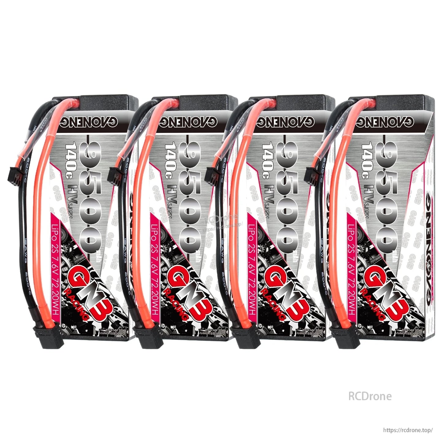 Four-pack display of GNB 9500mAh 2S LiHV hard case batteries with XT60 leads