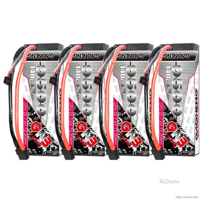 Four-pack display of GNB 9500mAh 2S LiHV hard case batteries with XT60 leads
