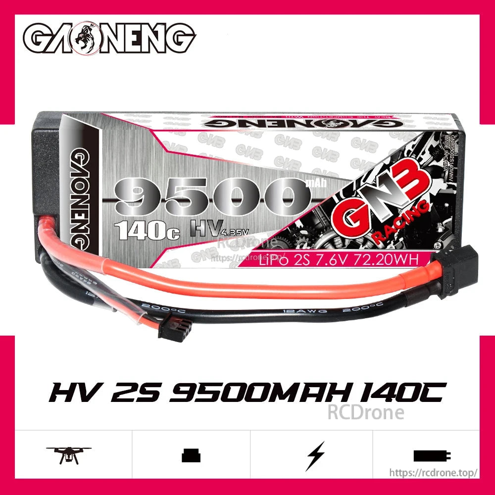 GAONENG GNB 9500mAh 2S 7.6V LiHV battery front label view with XT60 lead