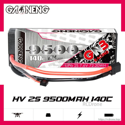 GAONENG GNB 9500mAh 2S 7.6V LiHV battery front label view with XT60 lead