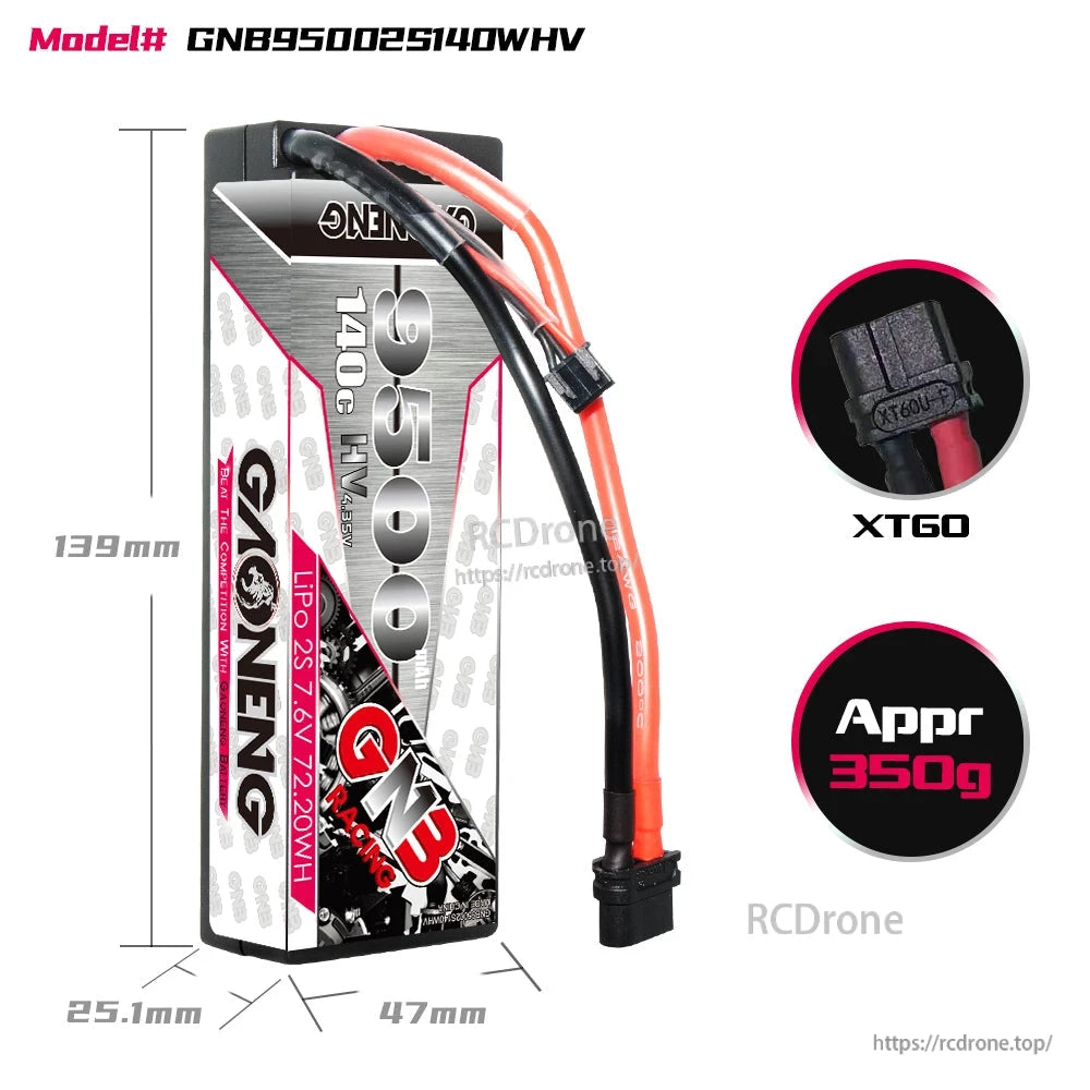 Side view of the 9500mAh 2S hard case battery with XT60 connector and size markings