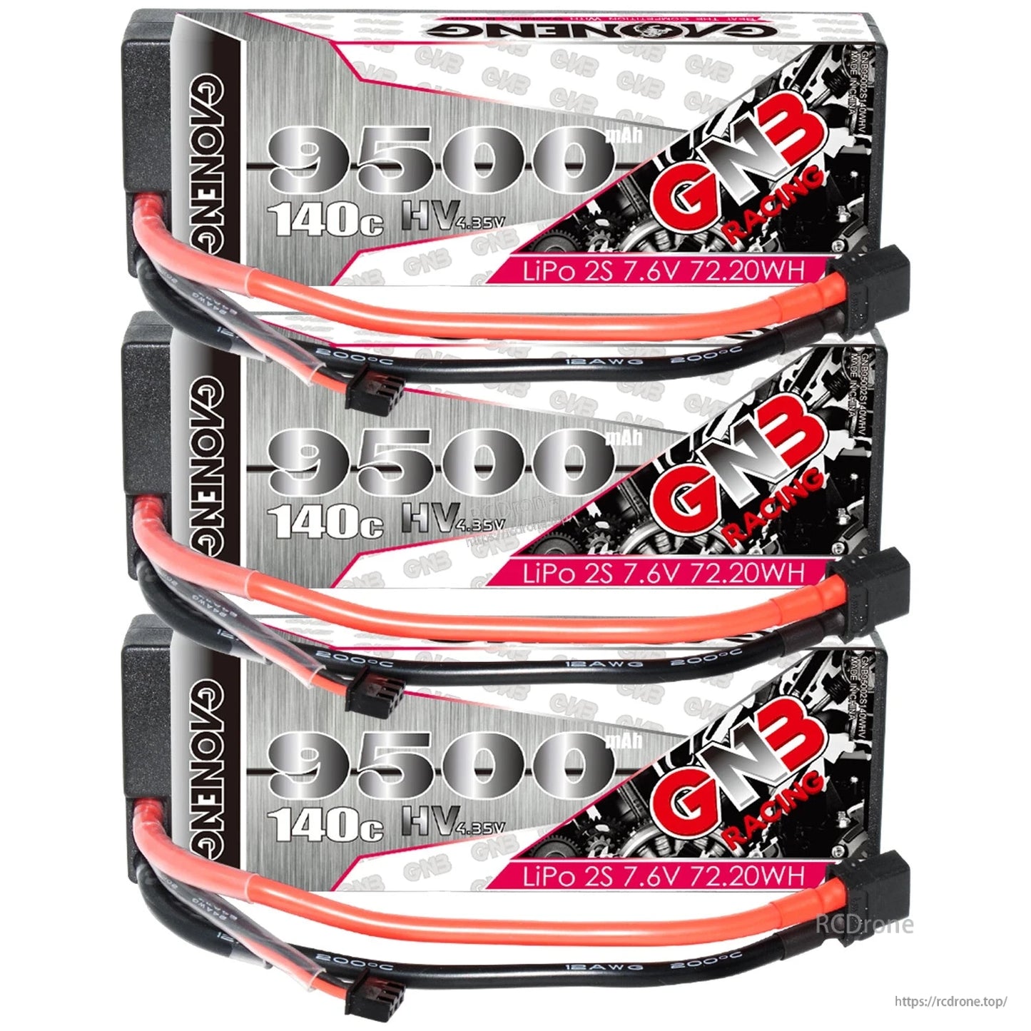 Stacked display of three GNB 9500mAh 2S LiHV batteries with XT60 connectors