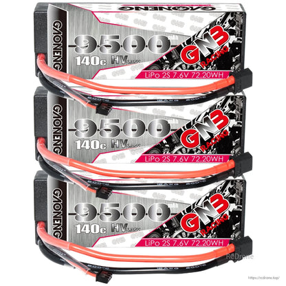Stacked display of three GNB 9500mAh 2S LiHV batteries with XT60 connectors