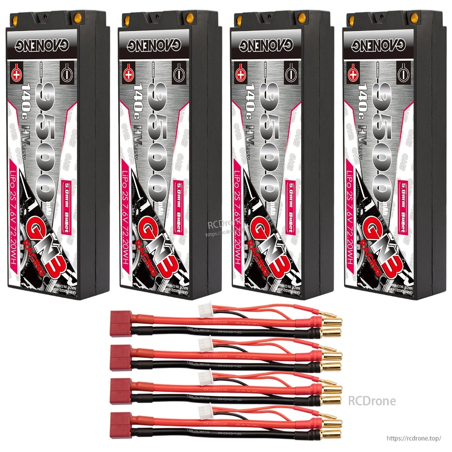 Four-pack bundle with red-connector harnesses: four batteries and four lead sets with 5mm bullets