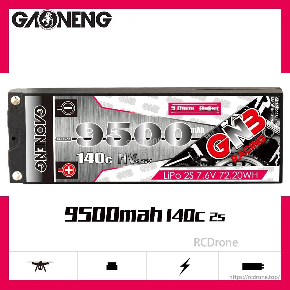 Front label close-up of GAONENG GNB 9500mAh 140C 2S LiHV 7.6V hard case LiPo battery