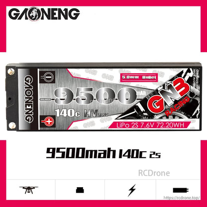 Front label close-up of GAONENG GNB 9500mAh 140C 2S LiHV 7.6V hard case LiPo battery