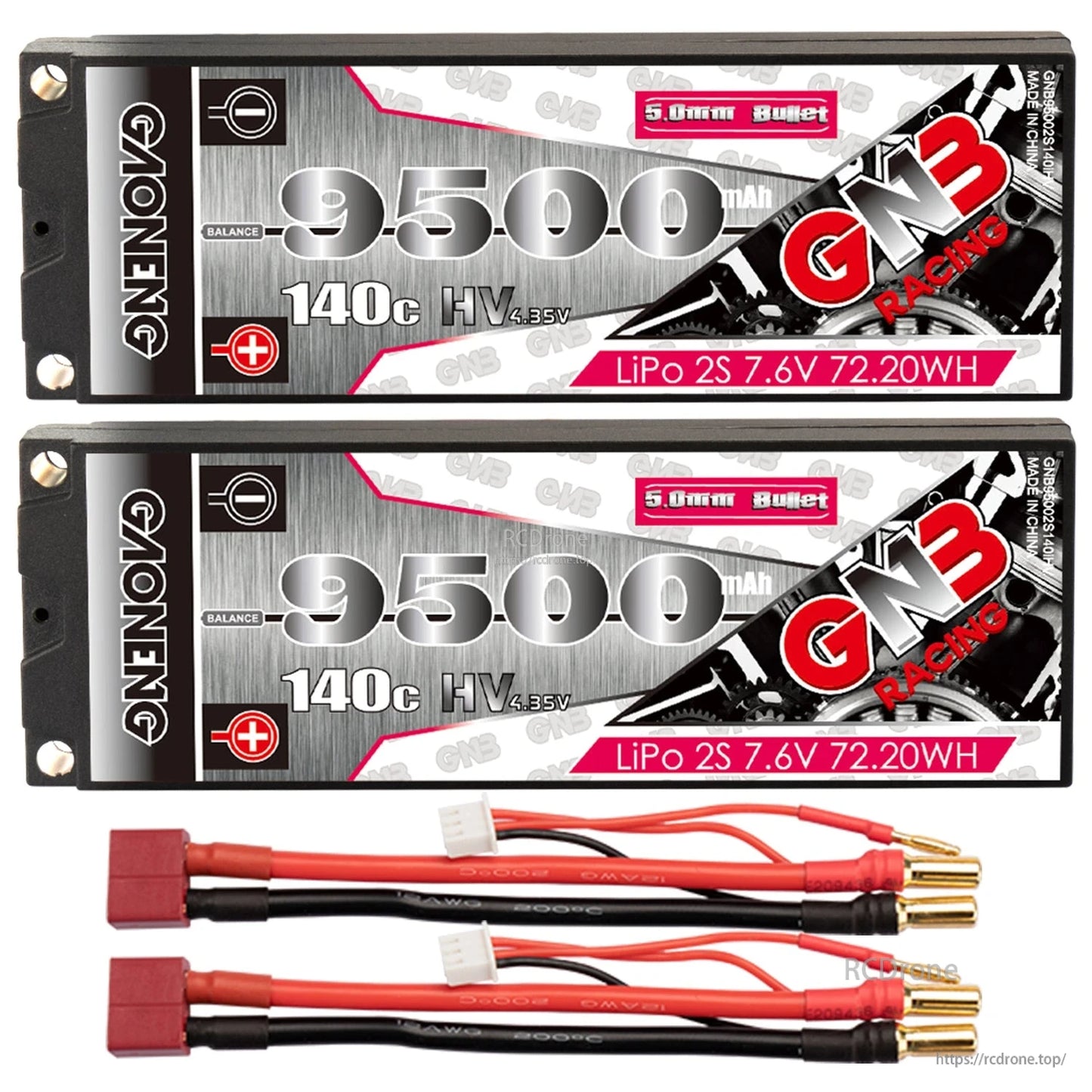 Two-pack bundle with red-connector harnesses: two batteries and two lead sets with 5mm bullets