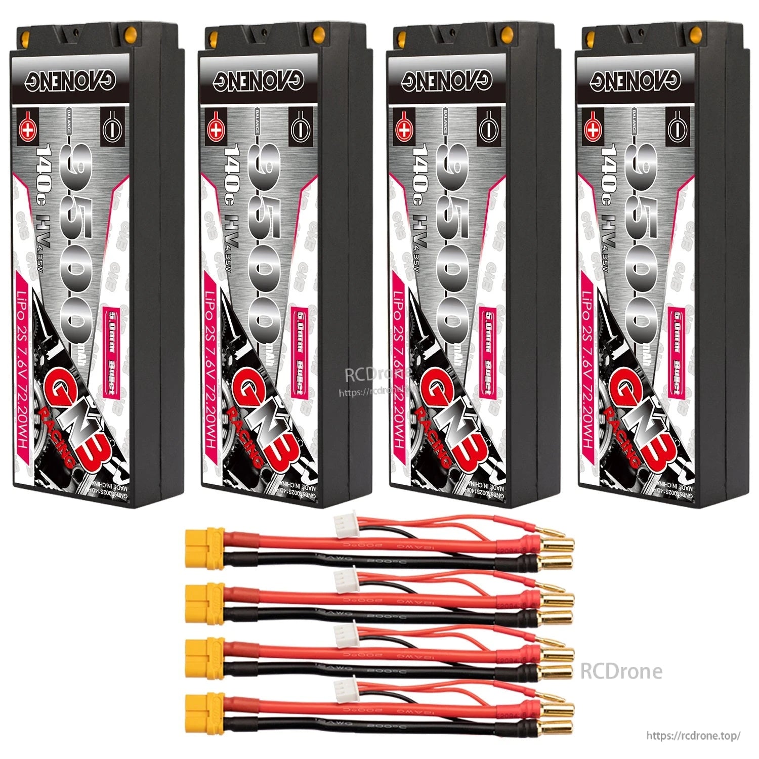 Four-pack bundle shown: four GNB 9500mAh hard case batteries with four lead harnesses