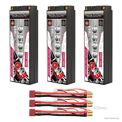 Three-pack bundle with red-connector harnesses: three batteries and three lead sets with 5mm bullets