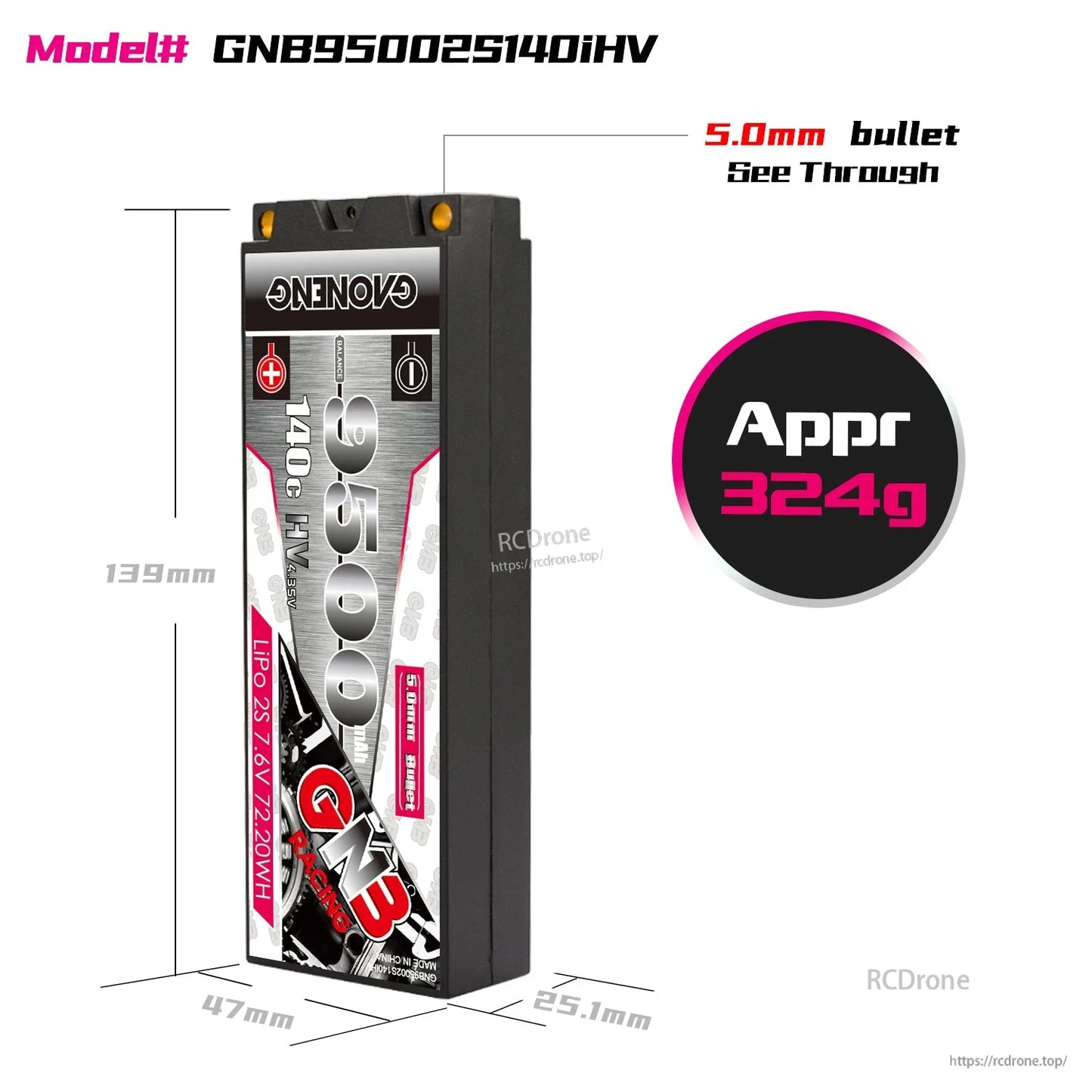 Dimension and weight graphic for GAONENG GNB9500 2S LiHV battery, shows approx 324g