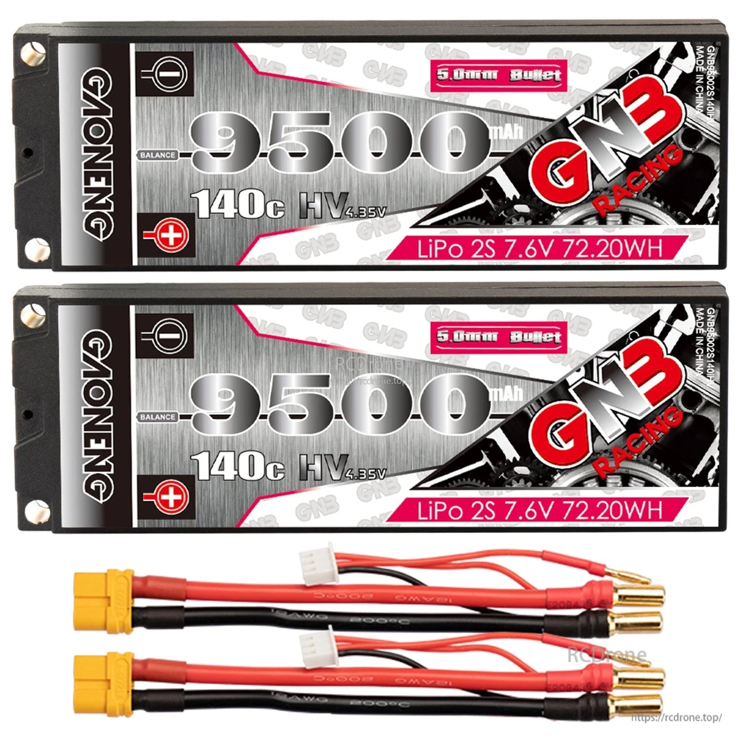 Two-pack bundle shown: two GNB 9500mAh hard case batteries plus two lead harnesses