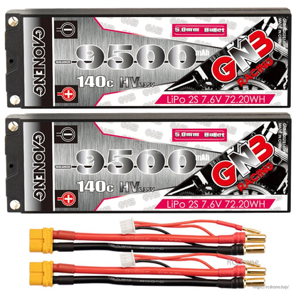 Two-pack bundle shown: two GNB 9500mAh hard case batteries plus two lead harnesses
