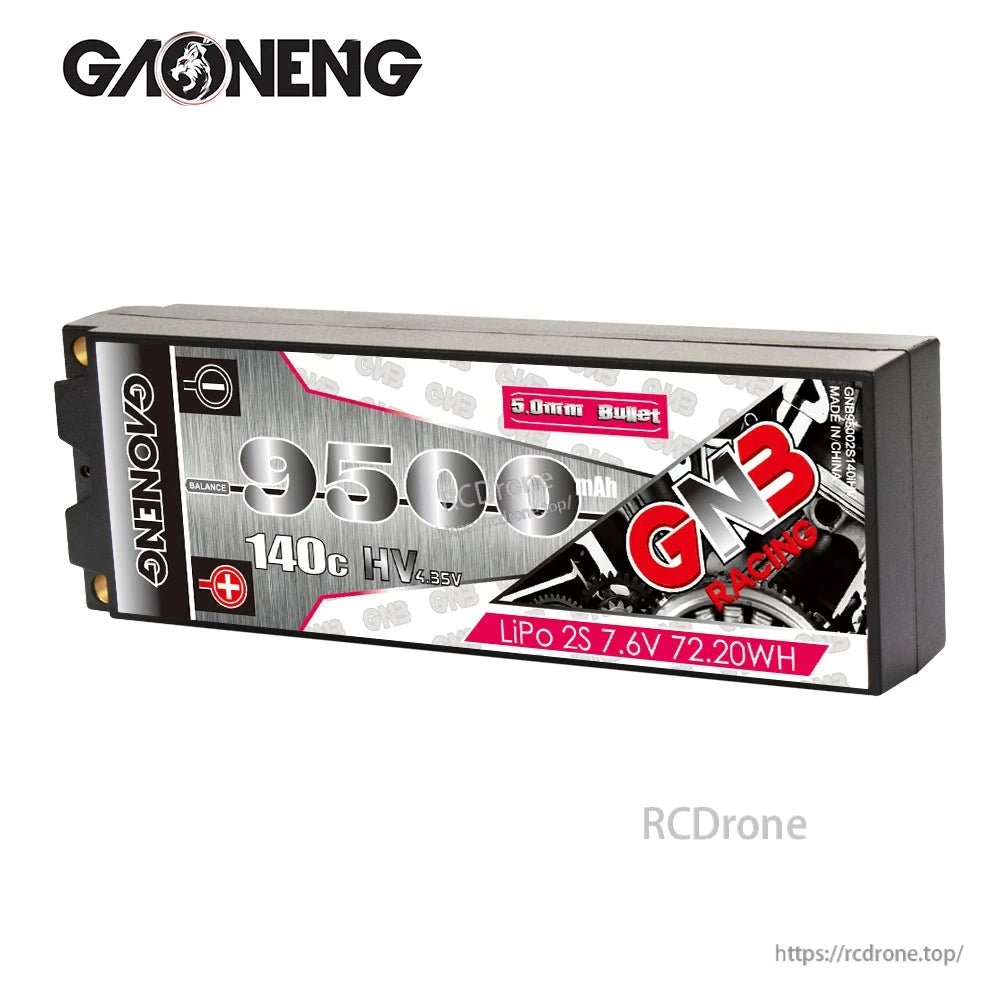 Side profile of hard case pack showing 9500mAh label and 5.0mm bullet callout on sticker