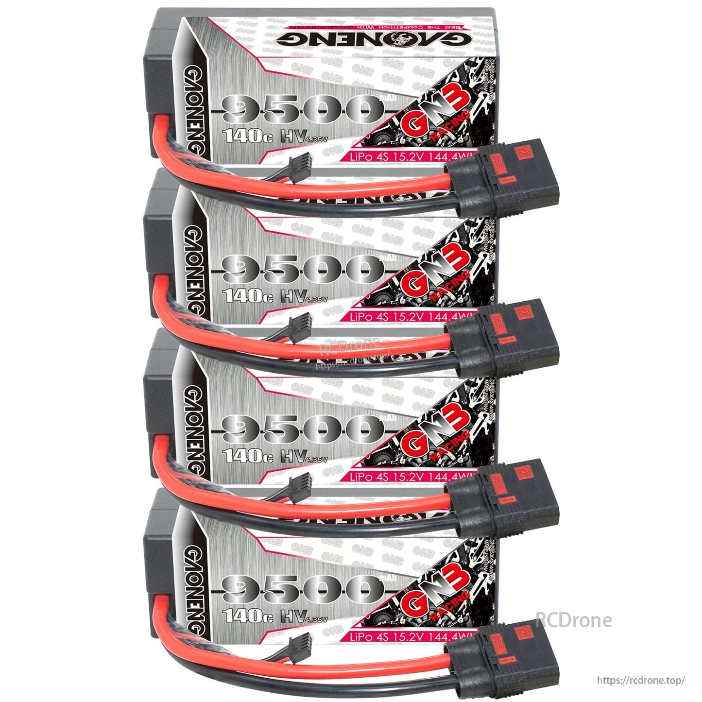 Four GNB 9500mAh HV 4S hard case batteries stacked vertically with connectors and leads