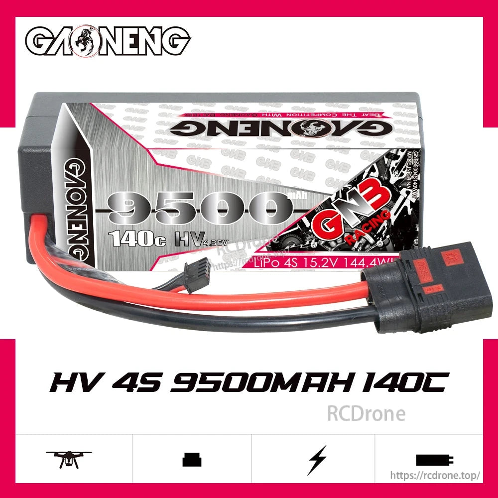 GAONENG GNB HV 4S 9500mAh 140C battery product graphic with pack shown and icons