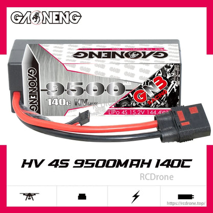 GAONENG GNB HV 4S 9500mAh 140C battery product graphic with pack shown and icons