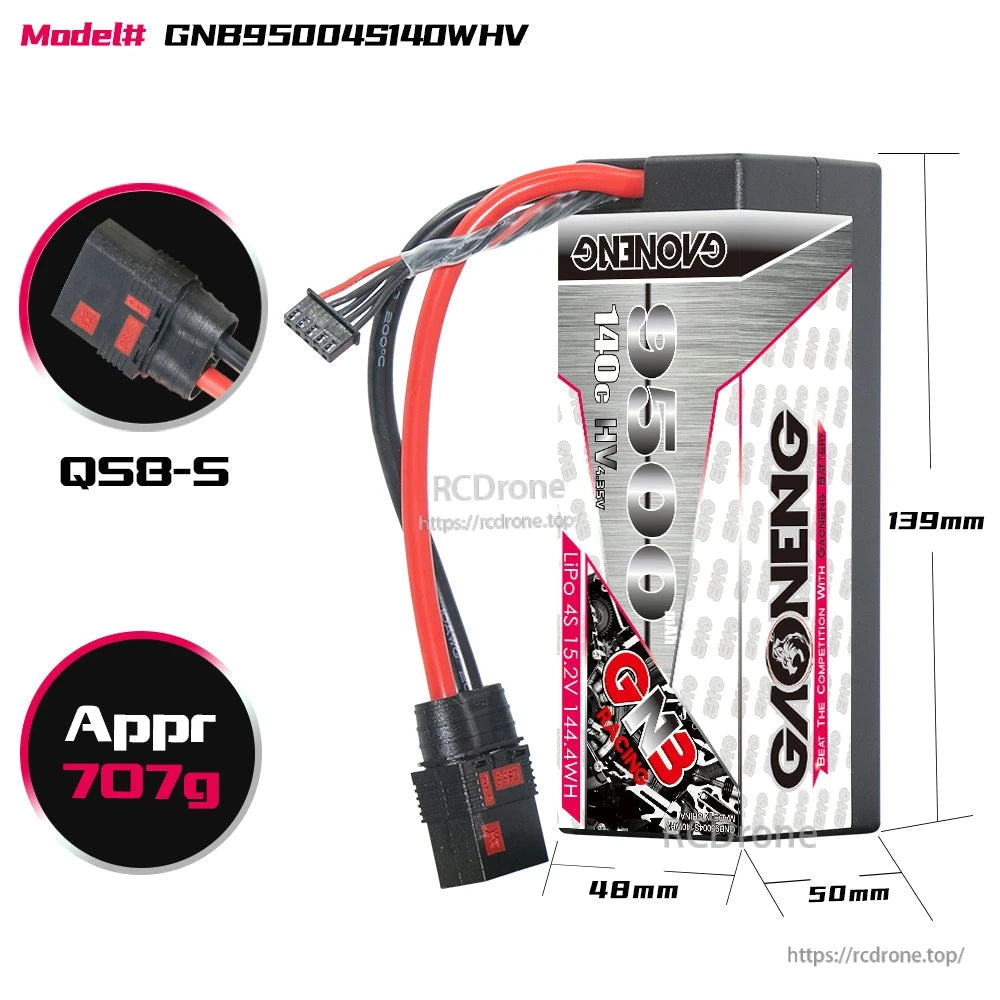 Battery dimensions and weight diagram: 139mm length, 50mm width, 48mm height, approx 707g, QS8-S plug