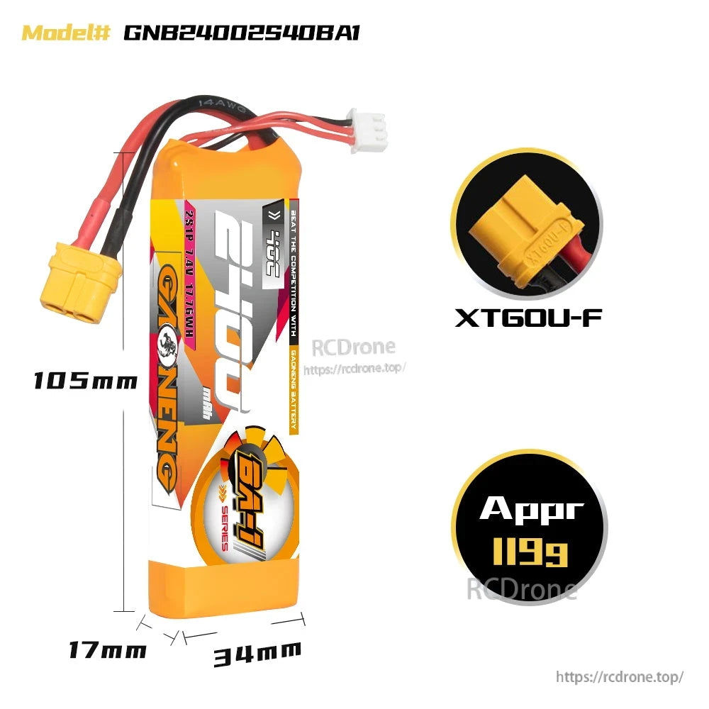 Battery dimensions and weight chart: 105 x 34 x 17 mm, approx 119 g, XT60U-F connector shown