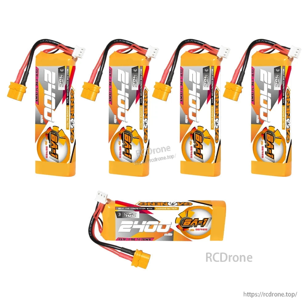 Five batteries shown: four standing and one horizontal, BA-1 series packs with XT60 connectors