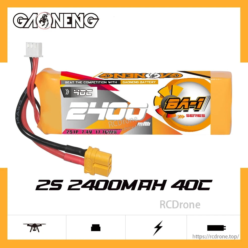 GAONENG GNB BA-1 2S 2400mAh 40C LiPo battery promo graphic with branding and specs text